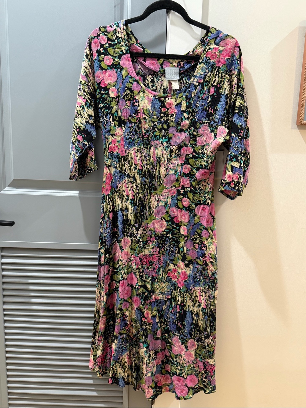 Floral Ribbed Knit Midi Dress in Pink and Black